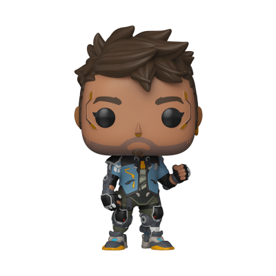 Figura Funko Pop de personagem masculino com roupas futuristas e cabelo castanho