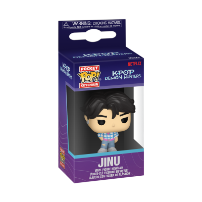 Chaveiro de vinil POP! Pocket JINU da série KPOP Demon Hunters numa caixa roxa com janela transparente.