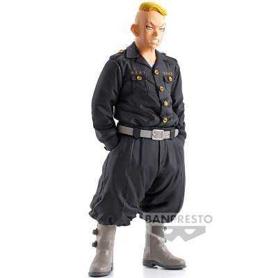 Figura colecionável de personagem com uniforme preto e cabelo loiro