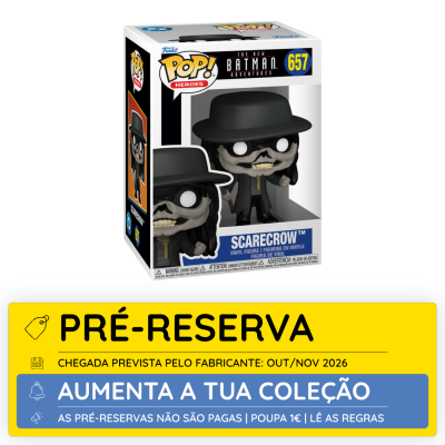 Figura Funko Pop! Scarecrow The New Batman Adventures 657 em caixa com cartaz amarelo de pré-reserva