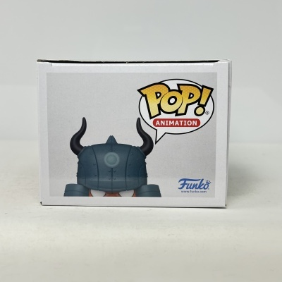 Caixa de boneco Funko Pop! Animation com capacete azul e chifres pretos
