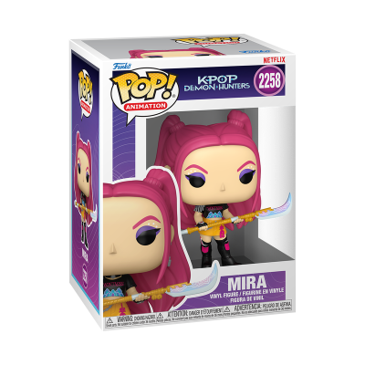 Funko Pop! Mira da série Kpop Demon Hunters em embalagem com fundo branco e roxo