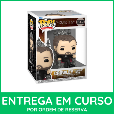 Figura Funko Pop! Crowley de Supernatural em caixa com texto sobre entrega em curso