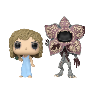 Figuras Funko Pop de humana com vestido azul e criatura com cabeça de flor e dentes