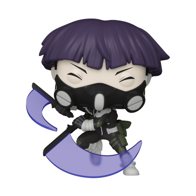 Figura colecionável com cabelo roxo e máscara preta segurando arma com lâmina azul