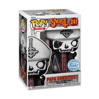 Figura Funko Pop! Rocks Papa Emeritus I da banda Ghost com vestes brancas e cruz preta