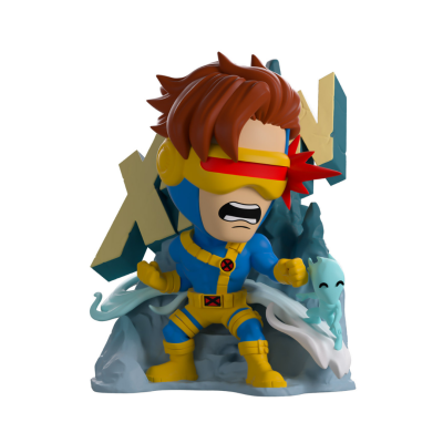 Figura colecionável X-Men com visor vermelho e base rochosa