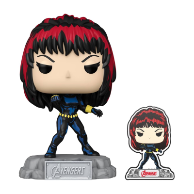 Figura Funko Pop de personagem Avengers com base cinza e cartão com logo Avengers