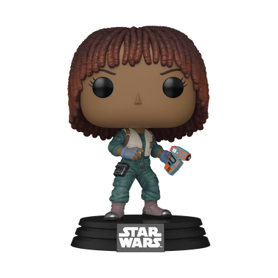 Figura colecionável Funko Pop do Star Wars com roupa verde azulada e base preta