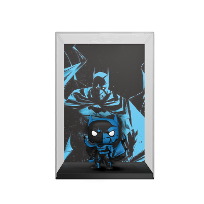 Figura Funko Pop do Batman em azul e preto com fundo ilustrado