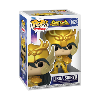 Figura Funko Pop! de Libra Shiryu com armadura dourada na caixa