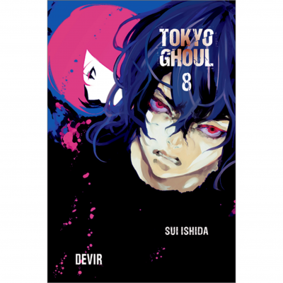 Capa do livro Tokyo Ghoul 8 com ilustração de rosto masculino e fundo preto com tinta rosa.