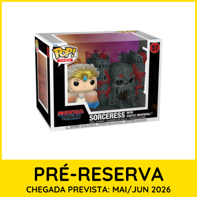 Figura Funko Pop! Town Masters of the Universe Sorceress com Castelo Grayskull em embalagem