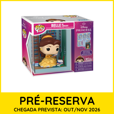 Figura Funko Pop! Belle em biblioteca na caixa com texto de pré-reserva.