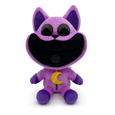 Boneco de pelúcia de gato cor-de-rosa com detalhes em roxo e amarelo
