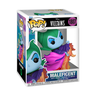 Figura Funko Pop Maleficent de vinil com capa roxa e fogo colorido em caixa de embalagem