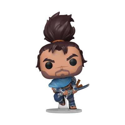Figura colecionável Funko Pop com roupa azul e katana em base transparente