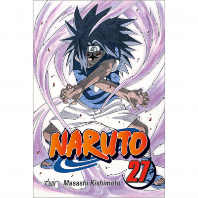 Capa do livro Naruto volume 27 com personagem em pose de ataque e efeitos roxos no fundo