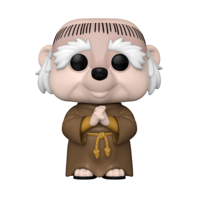 Boneco Funko Pop de monge com túnica castanha e cabelo branco