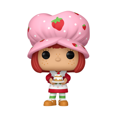 Figura colecionável Funko Pop com boina rosa e morangos, vestido vermelho e branco.