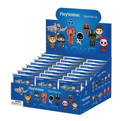 Expositor azul com embalagens de clips de saco figurais da série 2 da PlayStation com personagens cartoon.