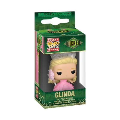 Chaveiro Pocket Pop Glinda em vinil com vestido rosa na caixa preta e verde