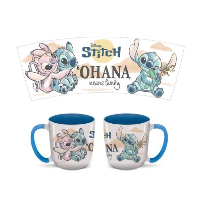 Caneca branca com interior e pega azuis com personagens Stitch e Angel e texto OHANA