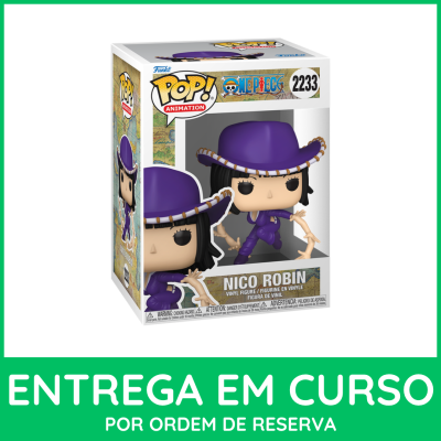 Figura Funko Pop! Animation Nico Robin da série One Piece com roupa roxa em caixa