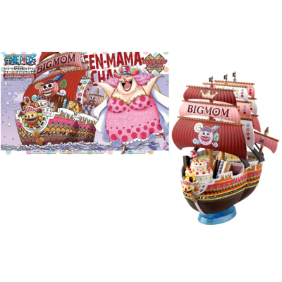 Modelo de navio de brinquedo vermelho com texto BIG MOM nas velas