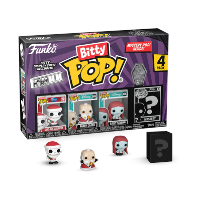 Funko Bitty Pop! conjunto com três figuras colecionáveis e caixa roxa e preta com texto e imagens das figuras