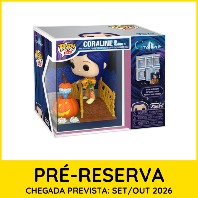 Figura colecionável Funko Pop! Coraline in Garden em embalagem com fundo azul e texto de pré-reserva.