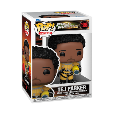 Figura Funko Pop Tej Parker Fast & Furious com roupa amarela e capacete amarelo na caixa