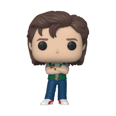 Figura Funko Pop com cabelo castanho, roupa colorida, calças azuis e sapatos brancos