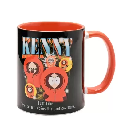 Caneca preta e laranja com ilustrações de personagens e texto