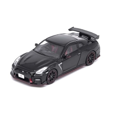 Miniatura de carro desportivo preto com detalhes vermelhos e spoiler