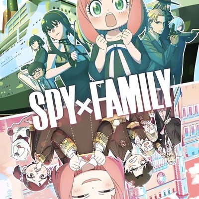 Imagem de anime com personagem principal de cabelo rosa, várias pessoas e texto SPY×FAMILY.