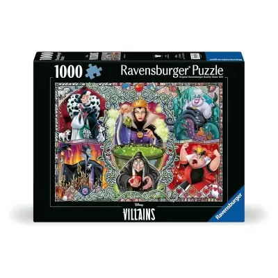 Caixa de puzzle Ravensburger com 1000 peças temática Disney Villains mostrando vilões famosos.