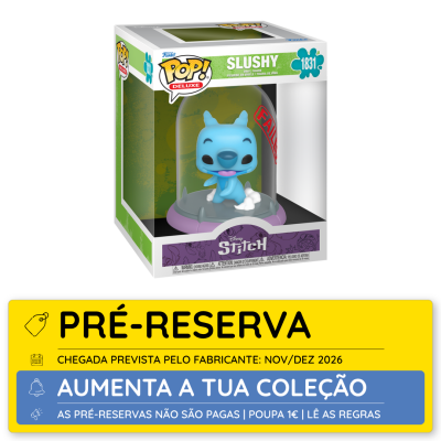 Figura Funko Pop Deluxe Slushy Disney Stitch em embalagem com etiqueta de pré-reserva