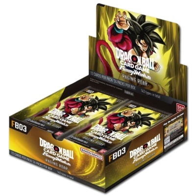 Caixa de cartas Dragon Ball Card Game Fusion World Raging Roar com personagem e fundo amarelo.