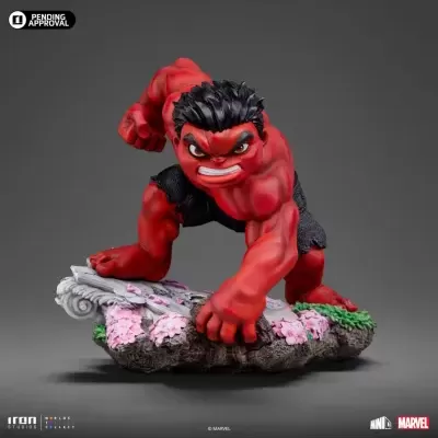 Figura de ação do Hulk vermelho com calções pretos e base decorativa