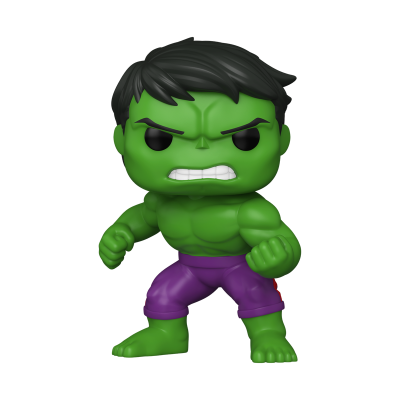 Figura Funko Pop do Hulk com pele verde, cabelo preto e calças roxas