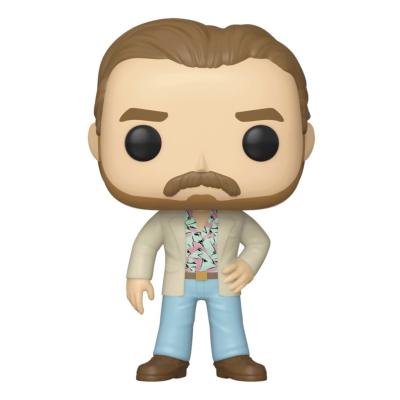 Figura Funko Pop de homem com camisa estampada e casaco cinza claro