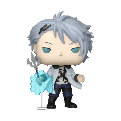 Figura de vinil Funko Pop com cabelo cinza claro e casaco branco segurando tridente e escudo azul