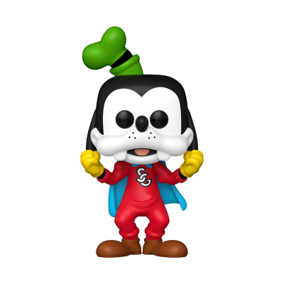 Figura colecionável Funko Pop do Pateta com fato de super-herói vermelho, capa azul, luvas amarelas e chapéu verde