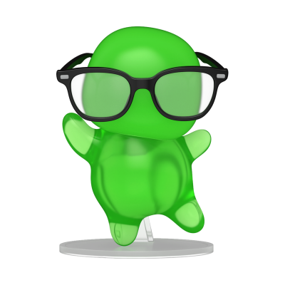 Figura decorativa verde translúcida com óculos pretos e base branca