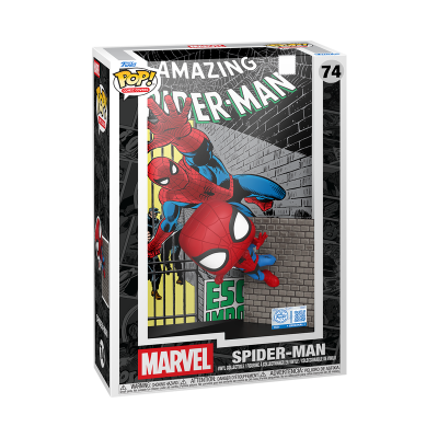 Figura vinil POP Marvel Spider-Man na caixa com arte de banda desenhada