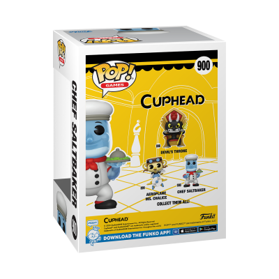 Caixa de brinquedo POP! GAMES Cuphead com bonecos Chef Saltbaker em fundo amarelo