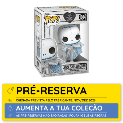 Embalagem Funko Pop! Jack Skellington com figura de vinil e texto preto e amarelo