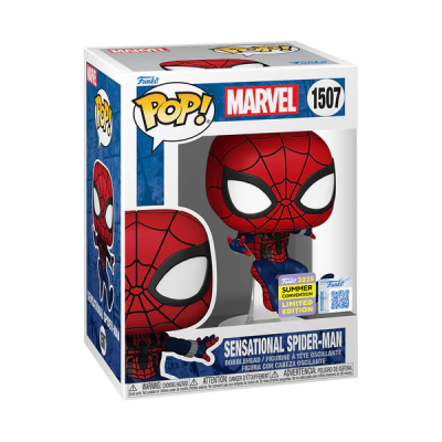 Funko Pop Marvel Sensational Spider-Man em embalagem com etiquetas de edição limitada