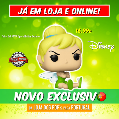 Figura Funko Pop! da Sininho Disney edição especial sobre fundo verde com texto promocional em português